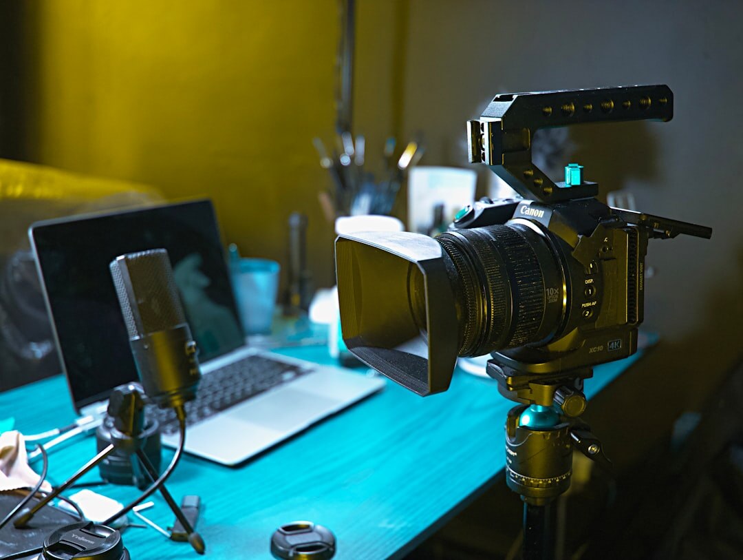 Live streaming setup with camera and laptop