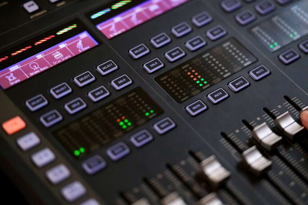 Professional broadcast studio with microphone and mixing desk